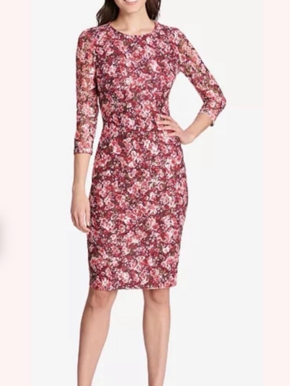 Kensie Floral Lace Overlay Sheath Dress in Wine/Pink | Size 6